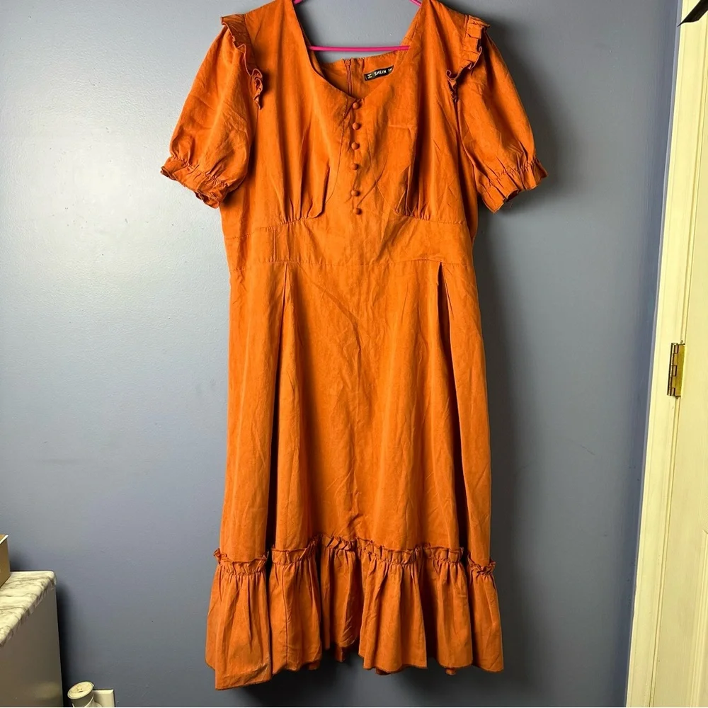SHEIN Orange Ruffle and Ruched Cottagecore Puff Sleeve Maxi Dress